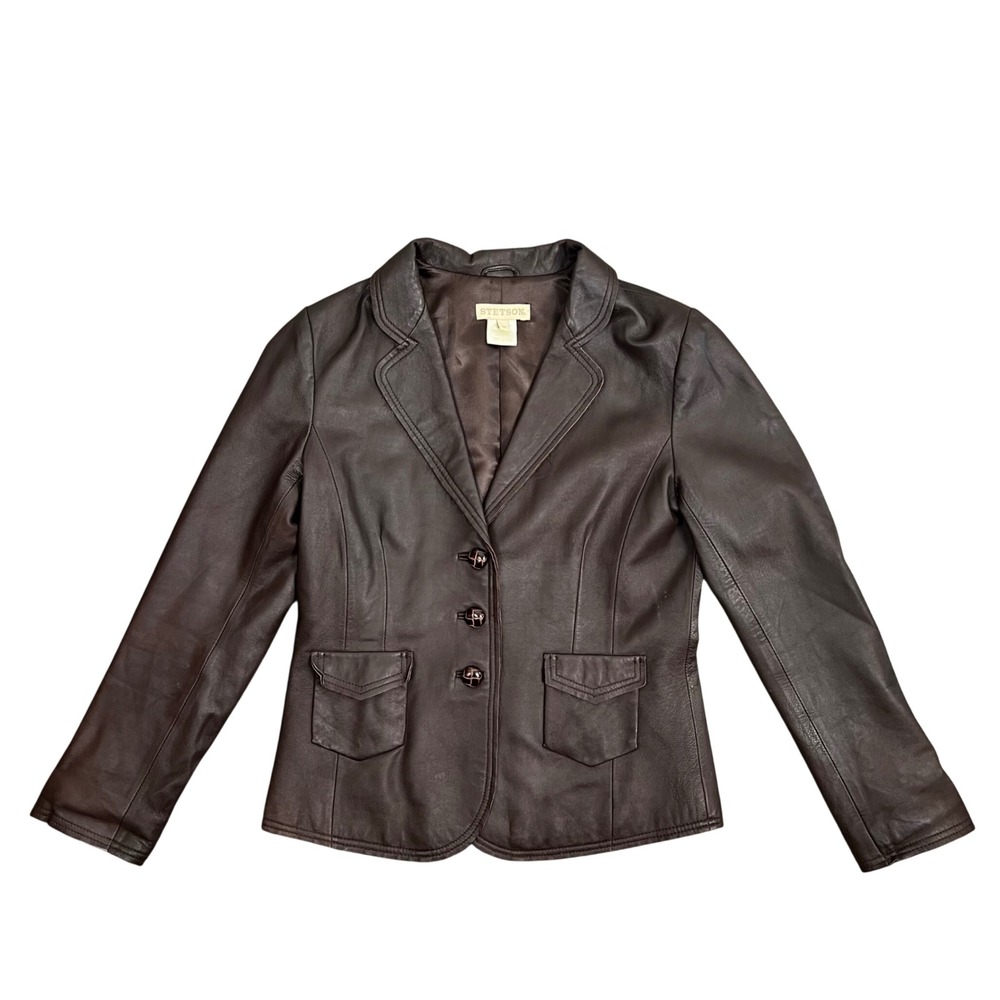 Stetson Womens Brown Leather Blazer Jacket 3-Button Western Cowgirl Raw Edge